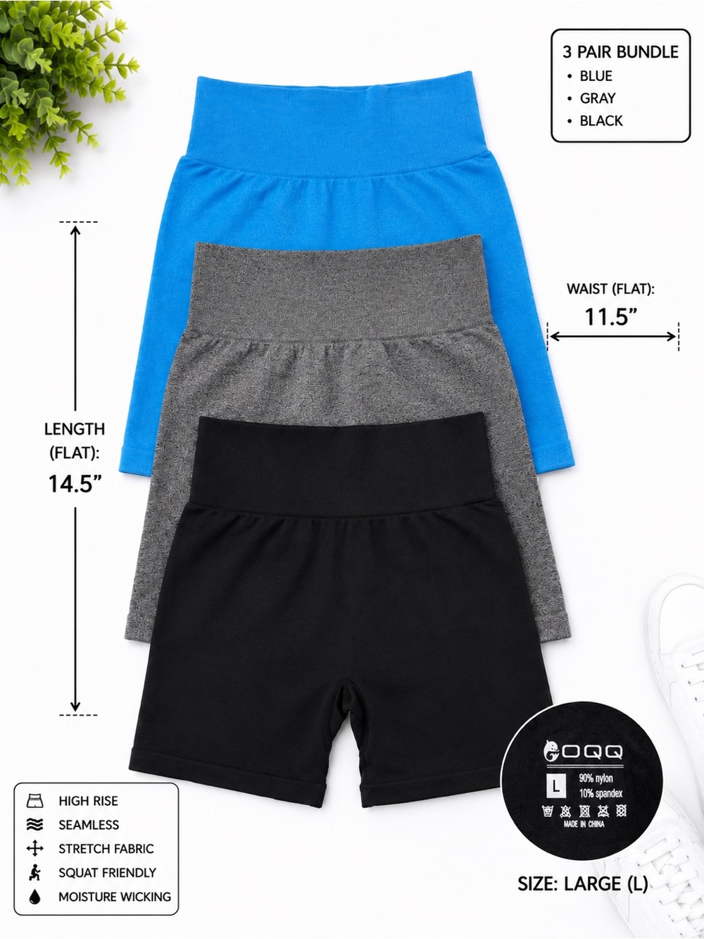 OQQ 3 Pair Seamless Bikers Shorts Bundle- Size Large